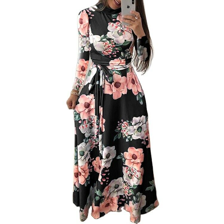 Women's Casual Autumn Winter Floral Bohemian Long Church Dress