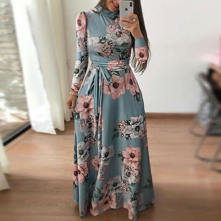 Women's Casual Autumn Winter Floral Bohemian Long Church Dress